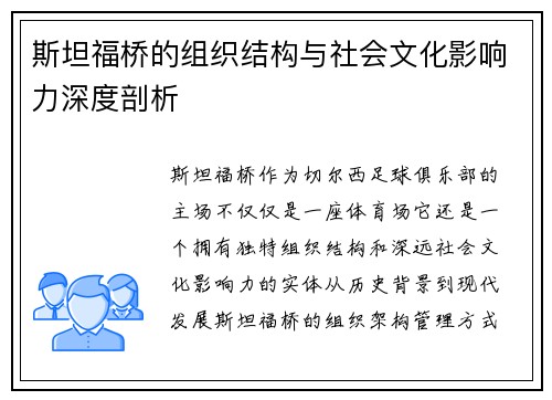 斯坦福桥的组织结构与社会文化影响力深度剖析